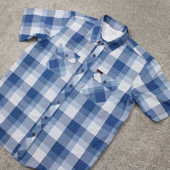 Orvis Tech Shirt Mens Large Blue/White Classic Collection Polyester S/S Button - Picture 3 of 14
